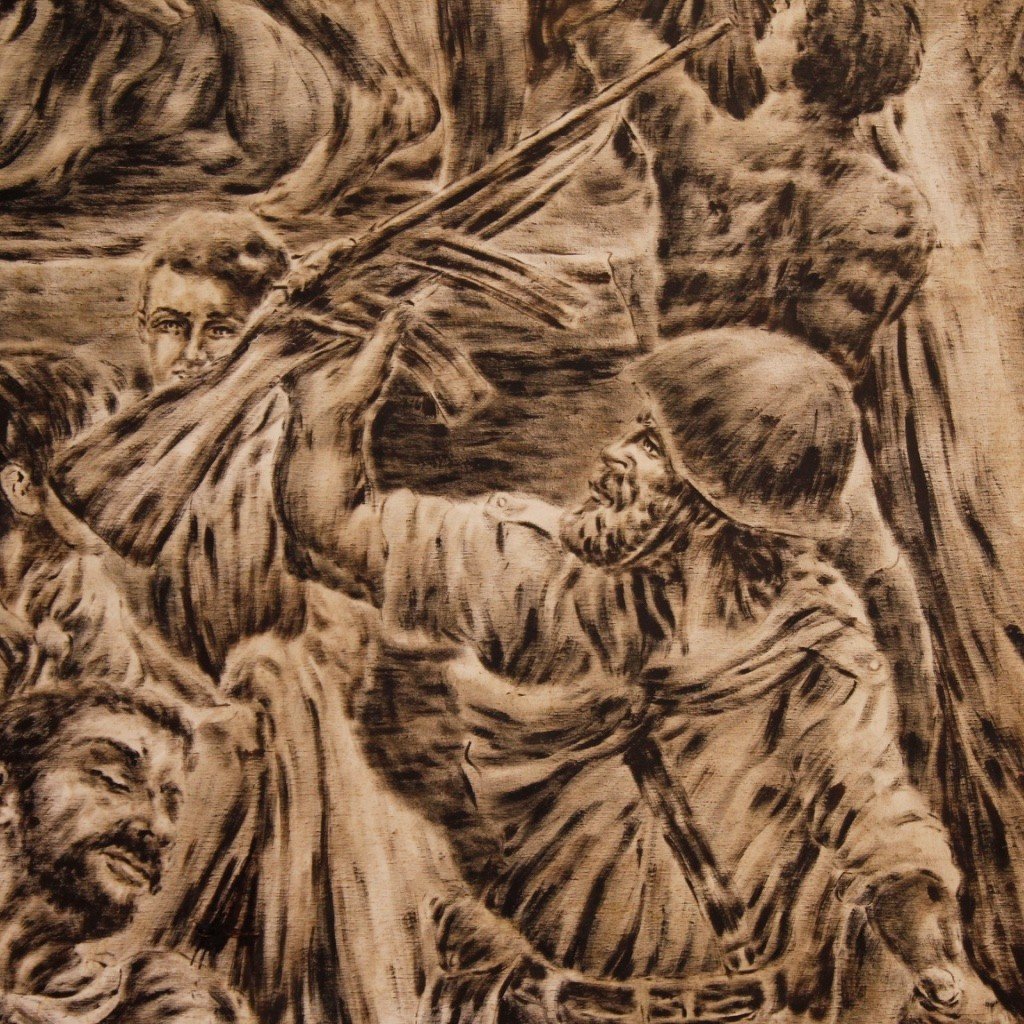 Grande quadro firmato Vittorini C. del XX secolo allegoria del giudizio dei soldati in guerra-photo-4