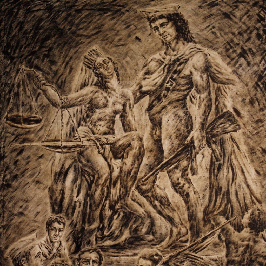 Grande quadro firmato Vittorini C. del XX secolo allegoria del giudizio dei soldati in guerra-photo-5