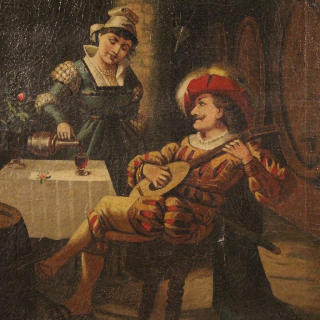 Dipinto scena d'interno con musicista olio su tela del XX secolo-photo-3