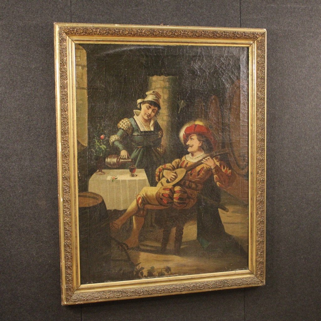 Dipinto scena d'interno con musicista olio su tela del XX secolo-photo-2