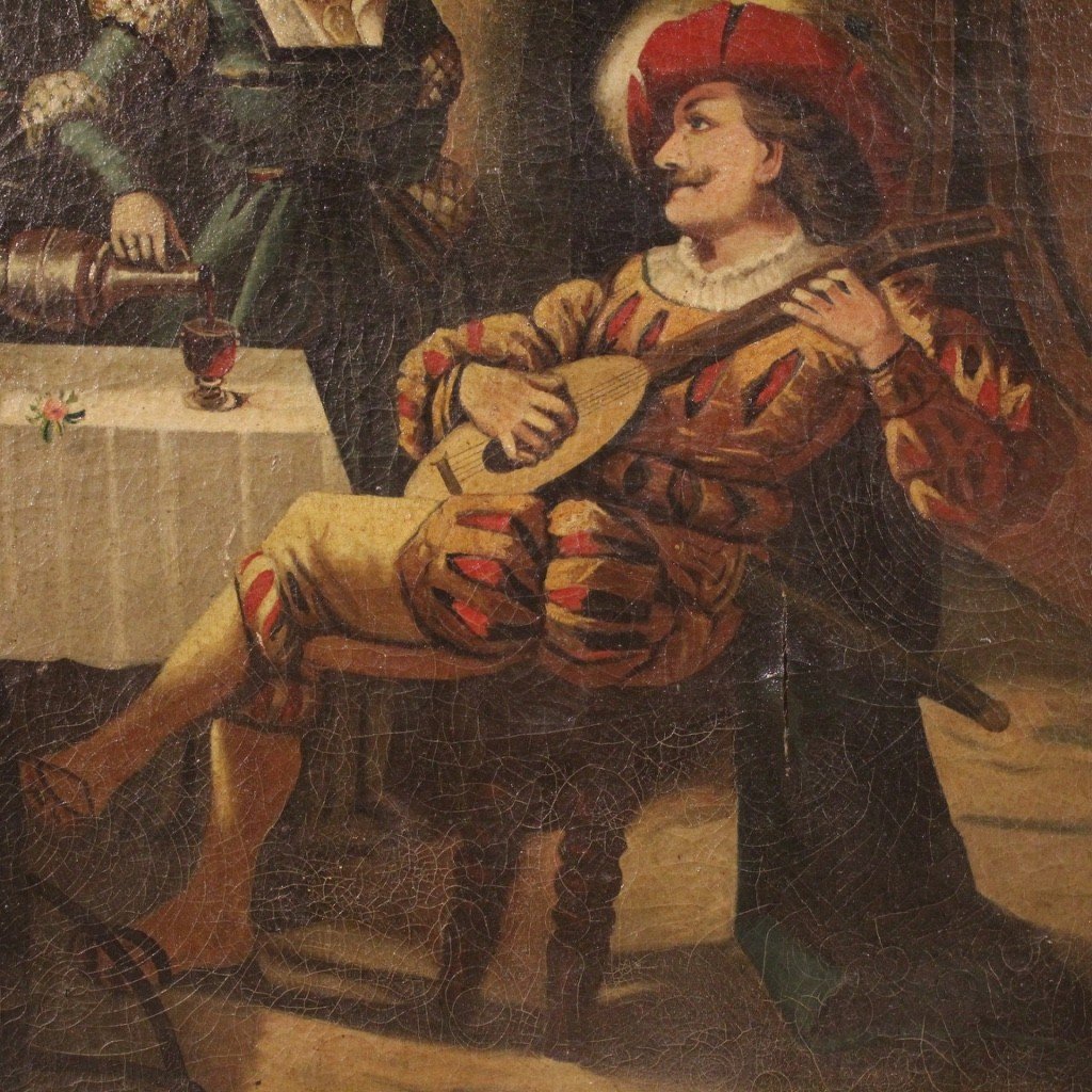 Dipinto scena d'interno con musicista olio su tela del XX secolo-photo-4
