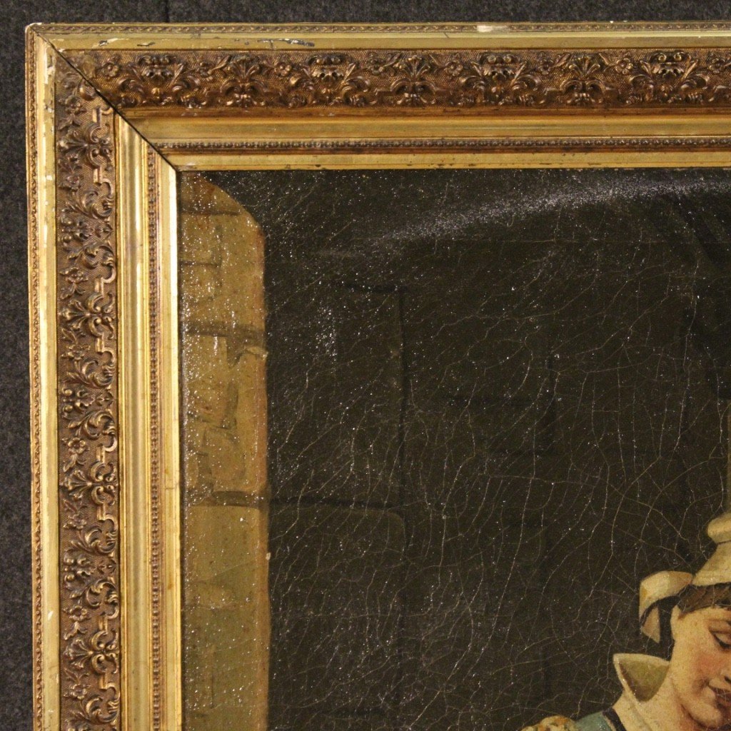 Dipinto scena d'interno con musicista olio su tela del XX secolo-photo-7