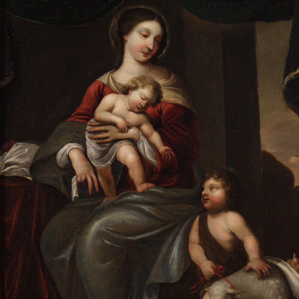 Dipinto italiano Madonna col bambino e San Giovannino del XVIII secolo -photo-2