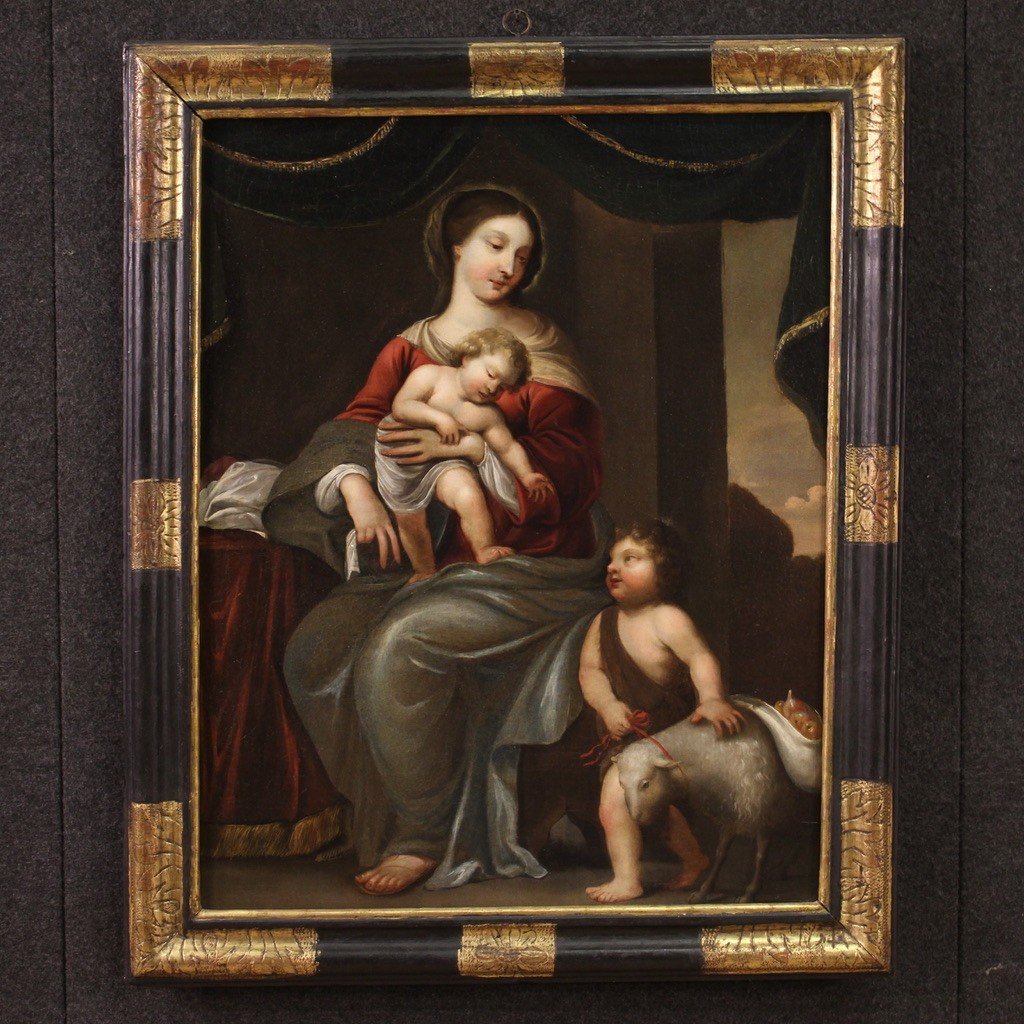 Dipinto italiano Madonna col bambino e San Giovannino del XVIII secolo 