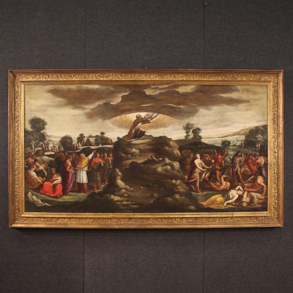 Dipinto religioso del XVII secolo, Mosè riceve le tavole della legge-photo-2