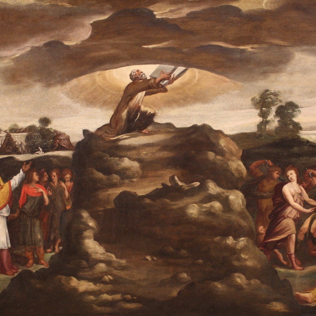 Dipinto religioso del XVII secolo, Mosè riceve le tavole della legge-photo-4