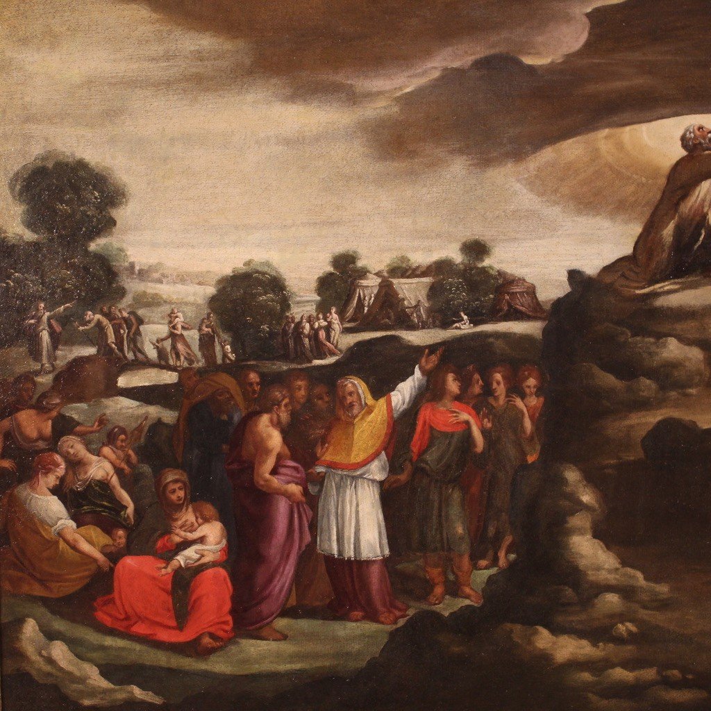 Dipinto religioso del XVII secolo, Mosè riceve le tavole della legge-photo-1