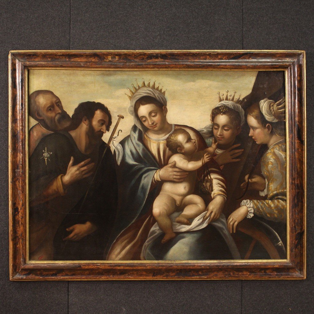 Dipinto veneto religioso del XVI secolo, Madonna col Bambino e Santi con lo Scapolare-photo-2