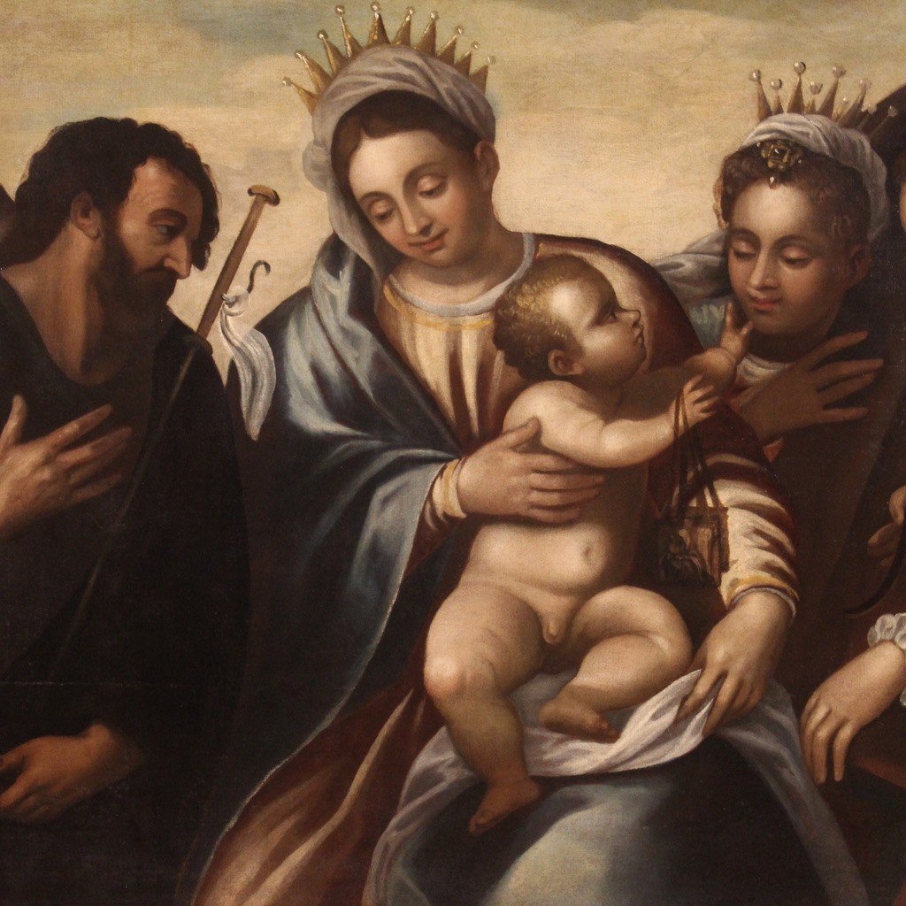Dipinto veneto religioso del XVI secolo, Madonna col Bambino e Santi con lo Scapolare-photo-3