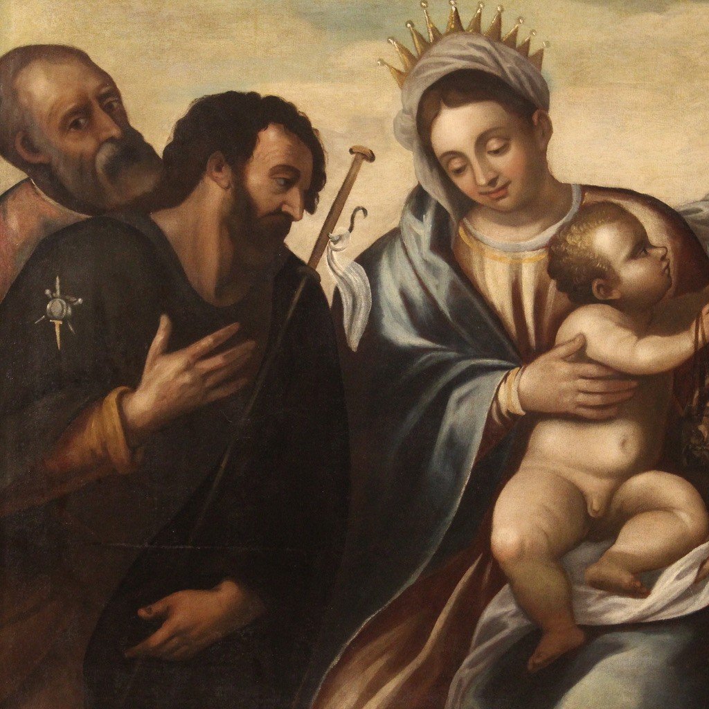 Dipinto veneto religioso del XVI secolo, Madonna col Bambino e Santi con lo Scapolare-photo-1