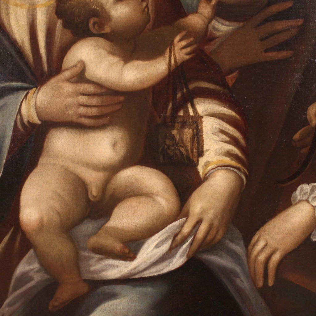 Dipinto veneto religioso del XVI secolo, Madonna col Bambino e Santi con lo Scapolare-photo-2