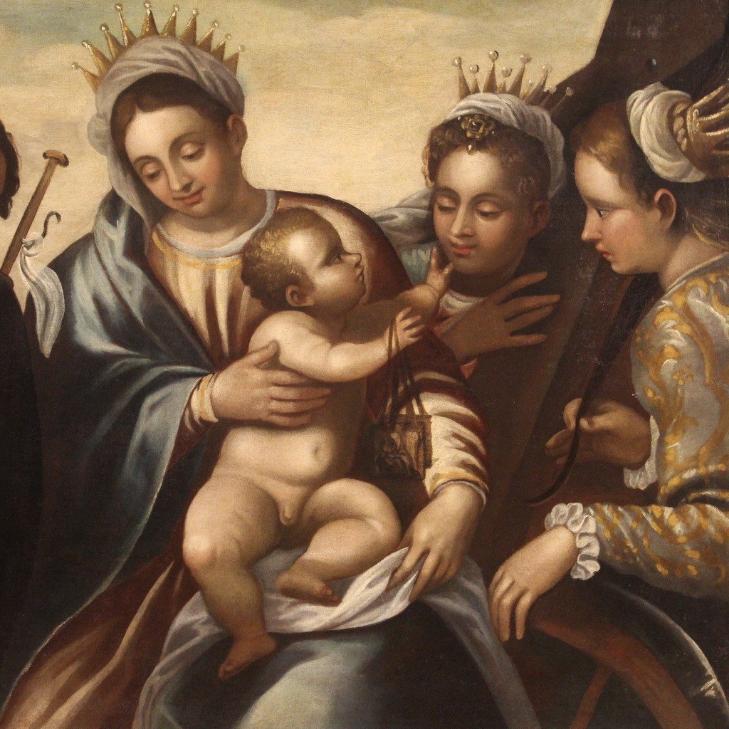 Dipinto veneto religioso del XVI secolo, Madonna col Bambino e Santi con lo Scapolare-photo-6