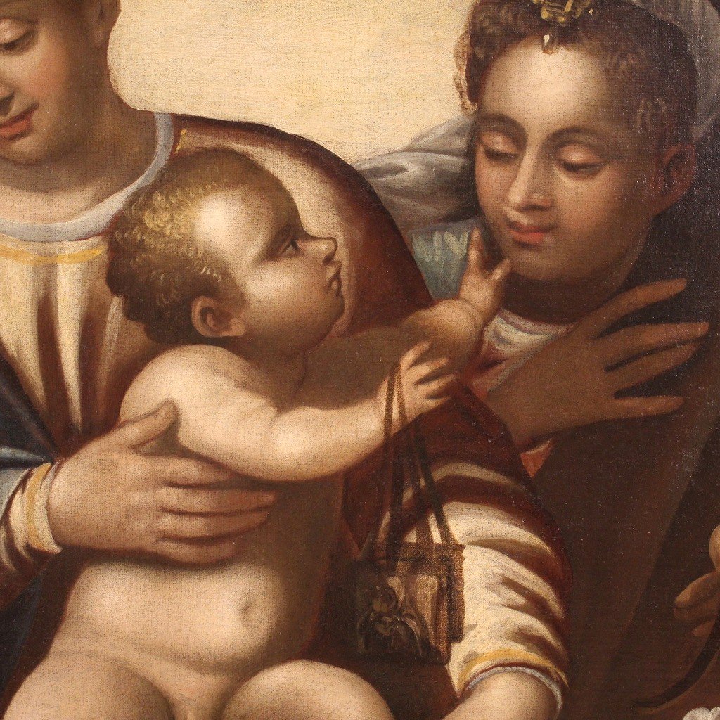 Dipinto veneto religioso del XVI secolo, Madonna col Bambino e Santi con lo Scapolare-photo-7