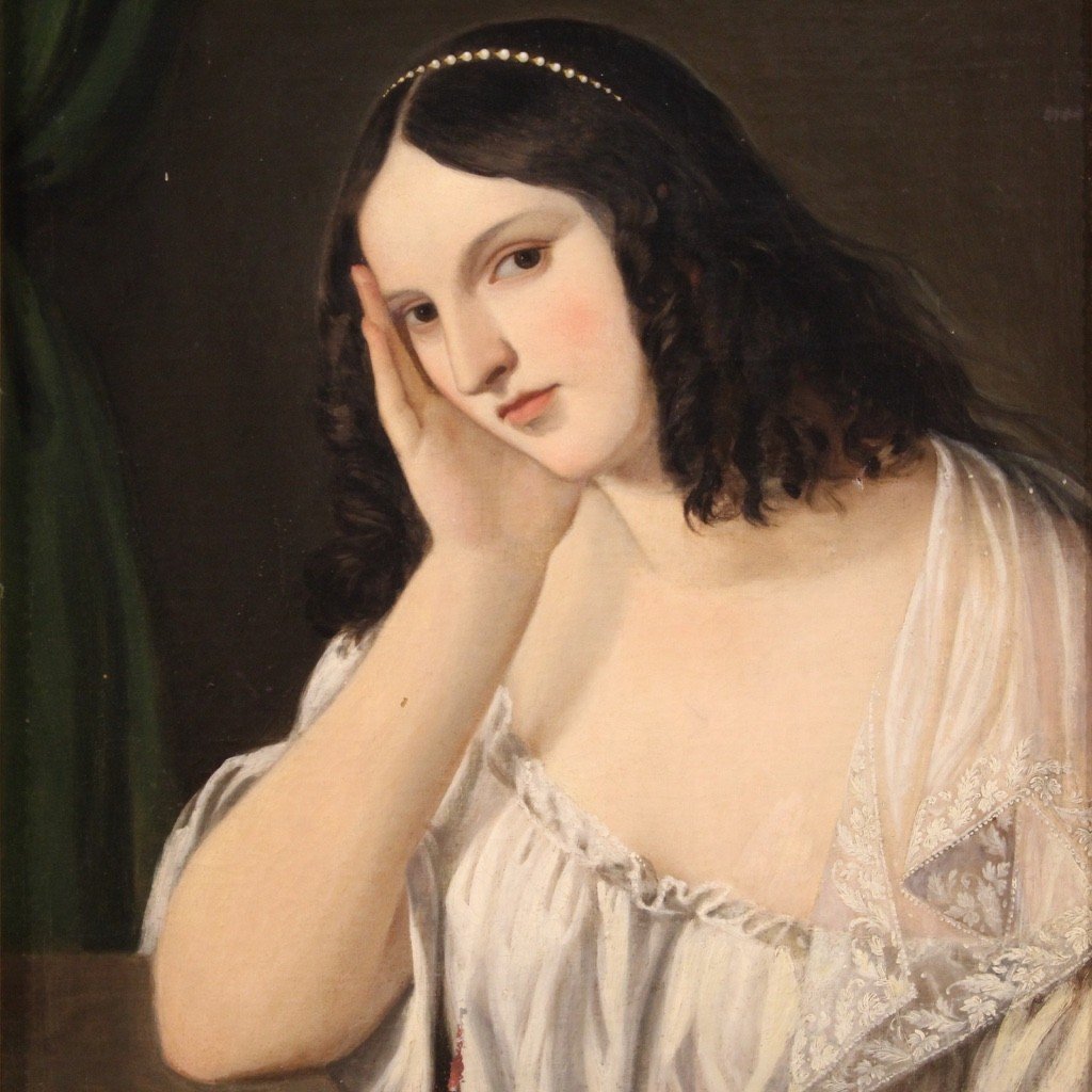 Antico dipinto italiano ritratto di giovane dama del XIX secolo-photo-2