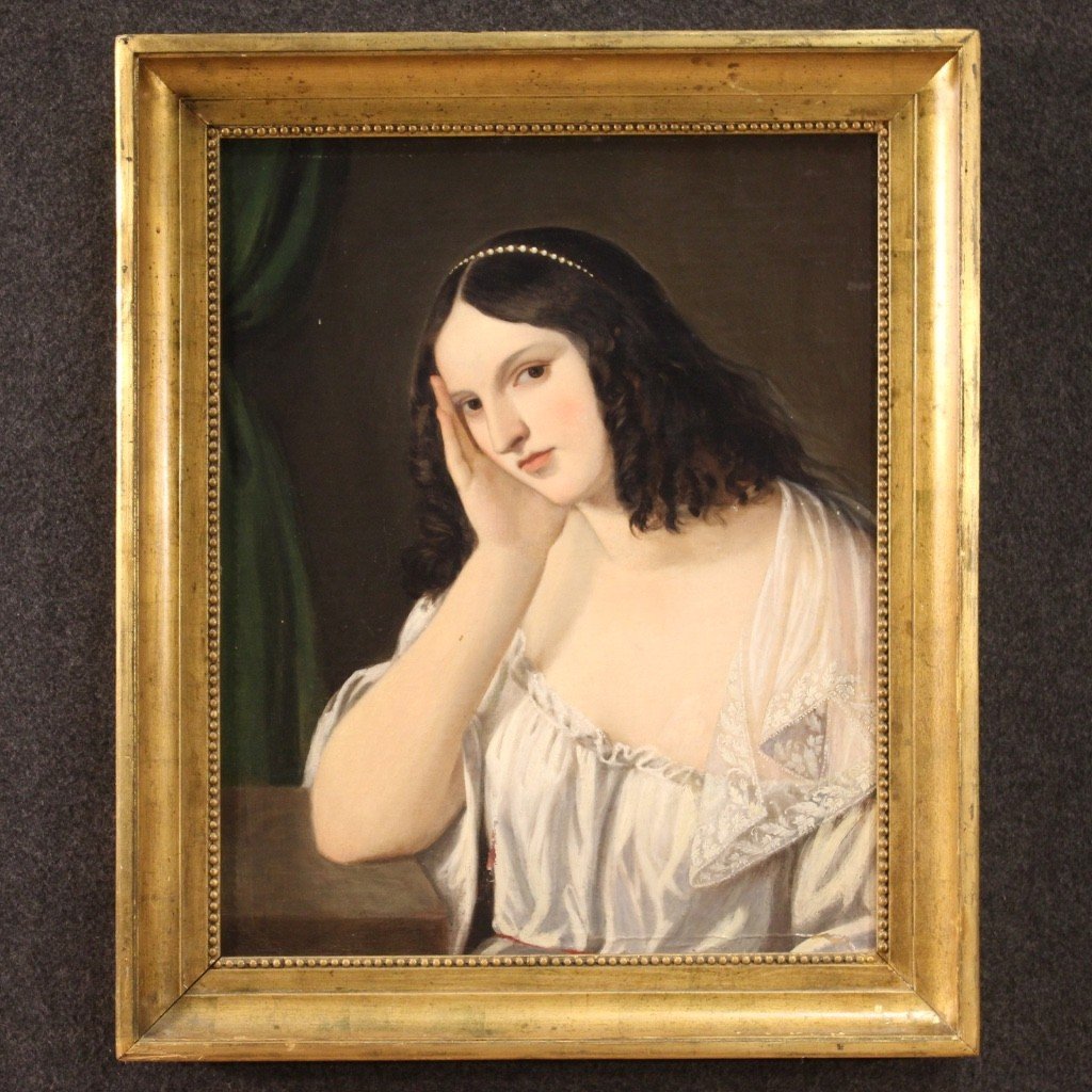 Antico dipinto italiano ritratto di giovane dama del XIX secolo-photo-3