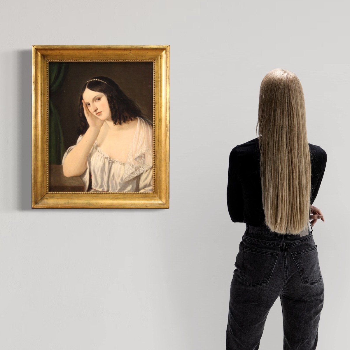 Antico dipinto italiano ritratto di giovane dama del XIX secolo-photo-4
