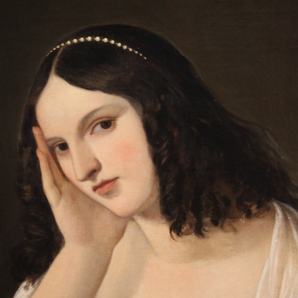 Antico dipinto italiano ritratto di giovane dama del XIX secolo-photo-1