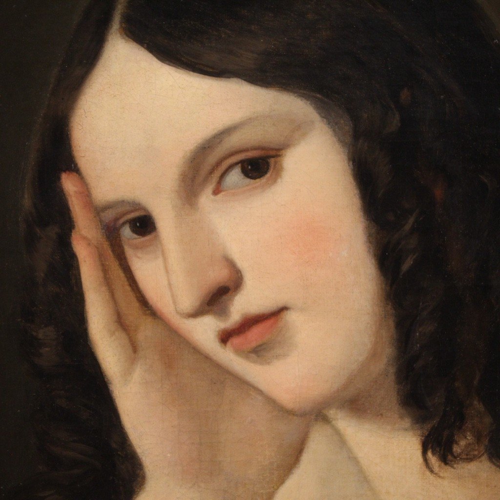 Antico dipinto italiano ritratto di giovane dama del XIX secolo-photo-3