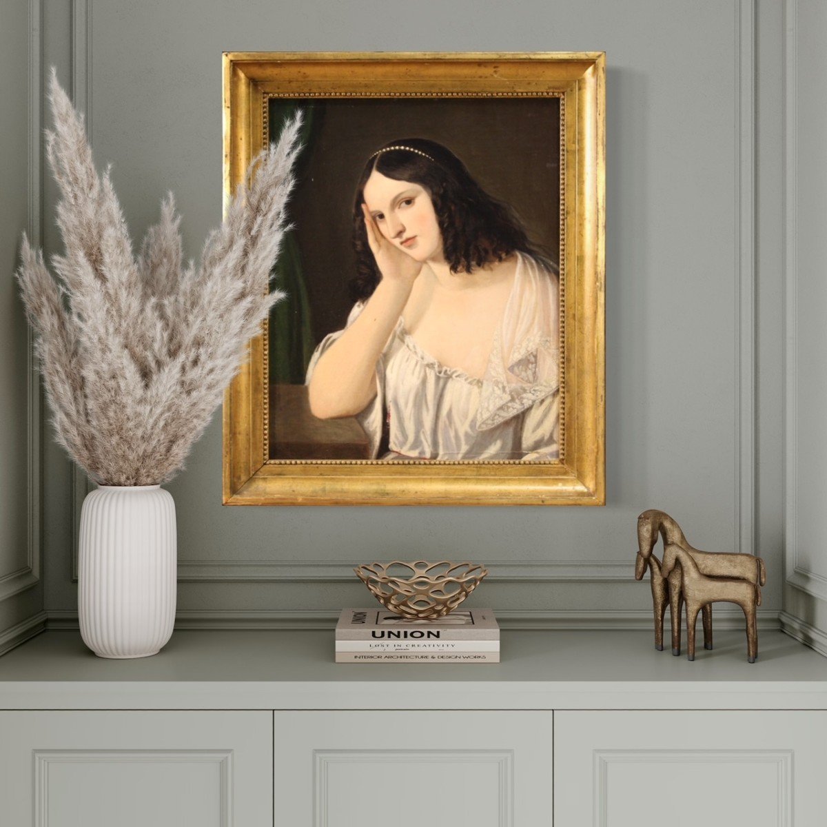 Antico dipinto italiano ritratto di giovane dama del XIX secolo-photo-5