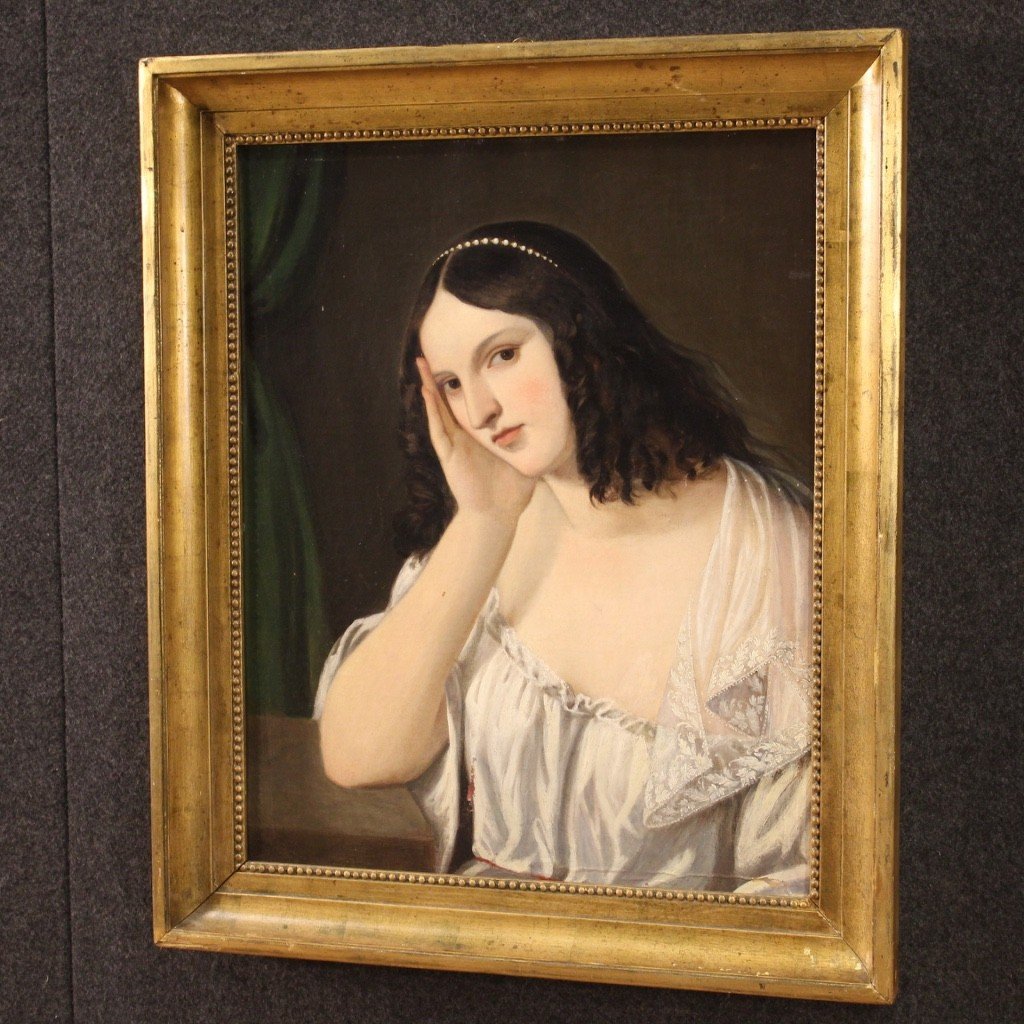 Antico dipinto italiano ritratto di giovane dama del XIX secolo-photo-7