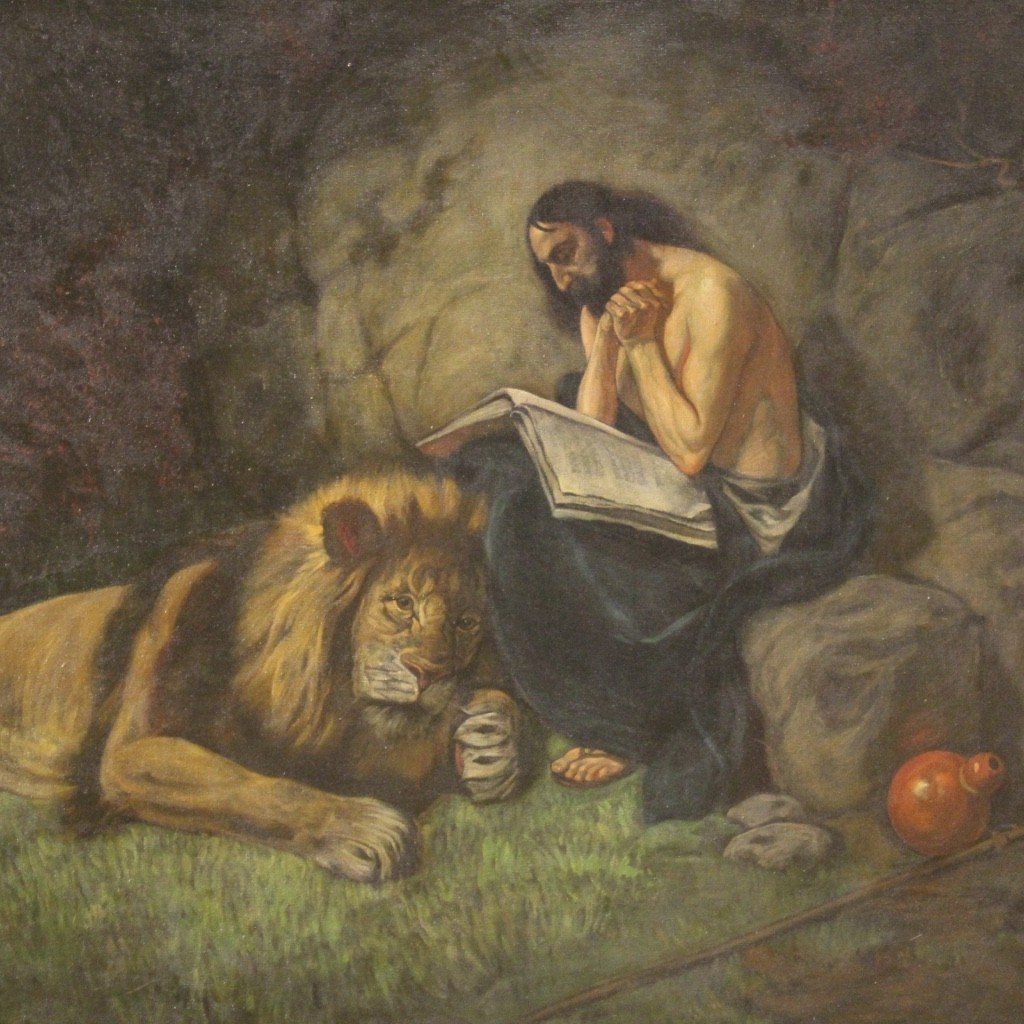 Dipinto italiano religioso con cornice San Girolamo con leone-photo-4