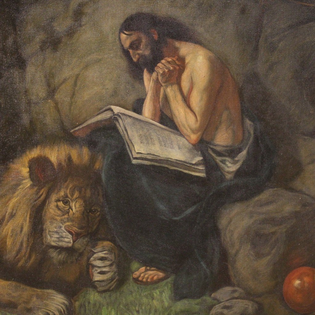 Dipinto italiano religioso con cornice San Girolamo con leone-photo-1