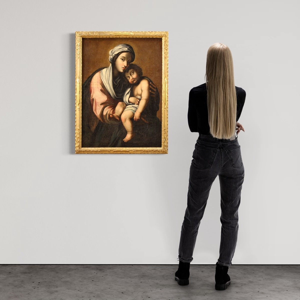 Dipinto olio su tela Madonna con bambino del XVIII secolo-photo-2