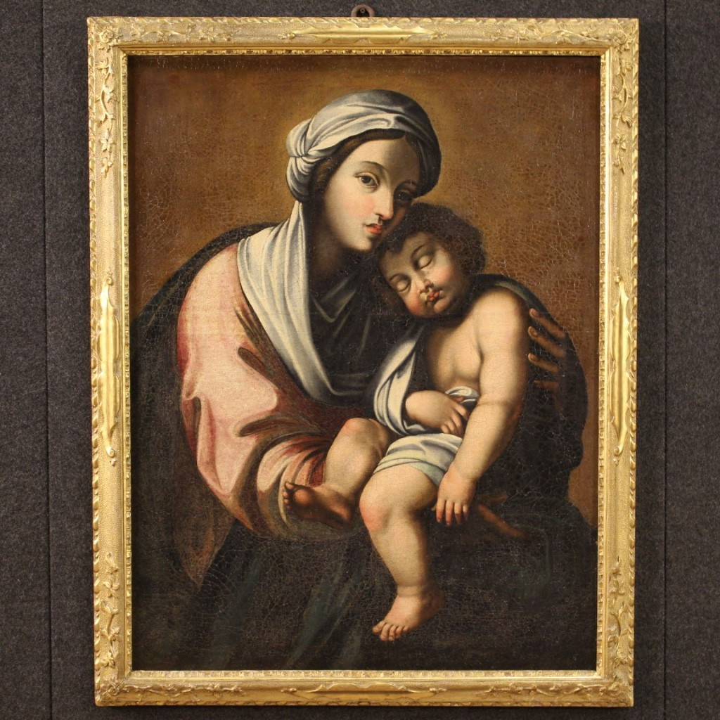 Dipinto olio su tela Madonna con bambino del XVIII secolo