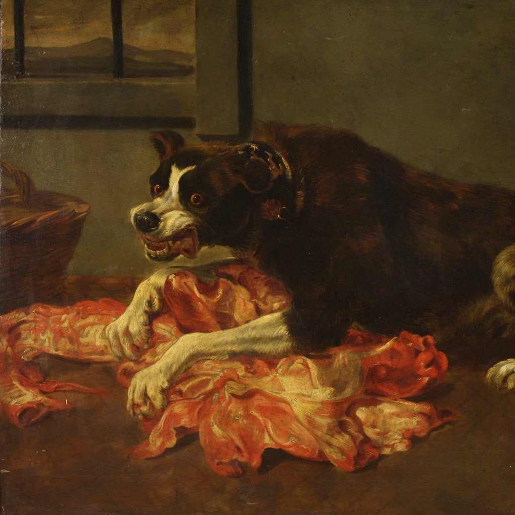 Grande quadro del XVII secolo, natura morta con cani-photo-3