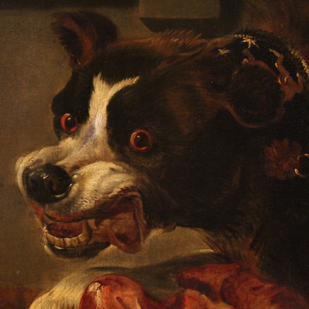 Grande quadro del XVII secolo, natura morta con cani-photo-4