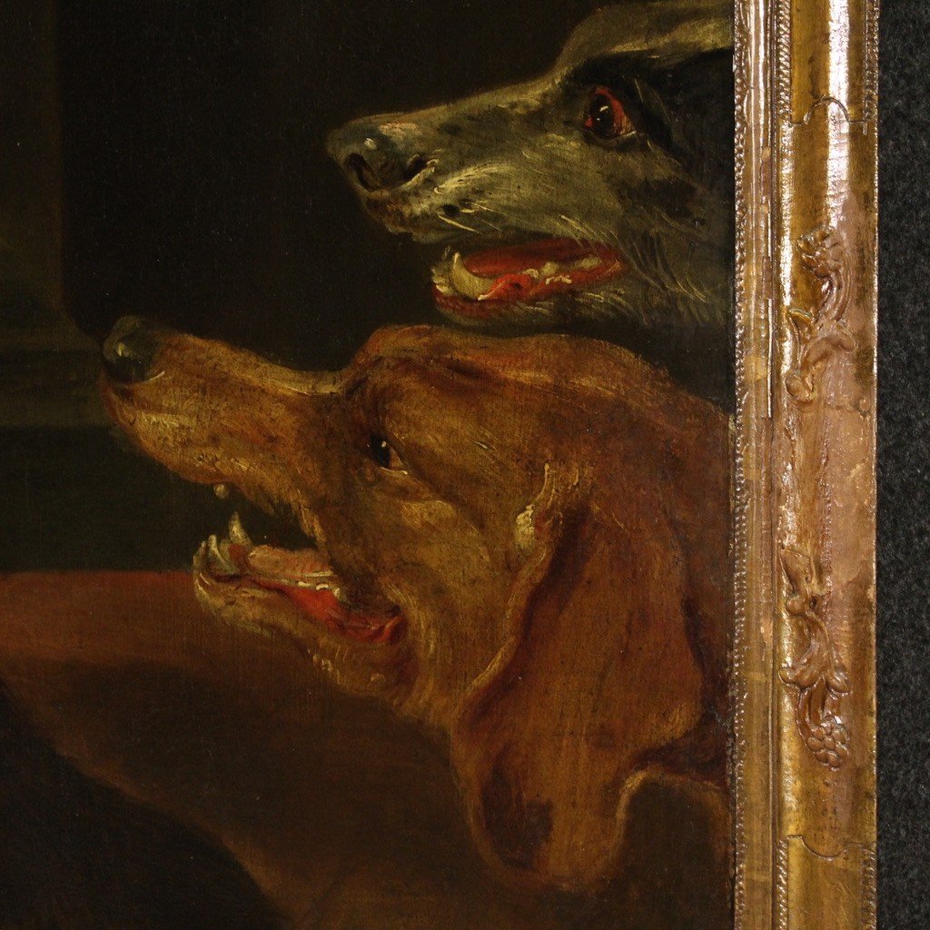 Grande quadro del XVII secolo, natura morta con cani-photo-1