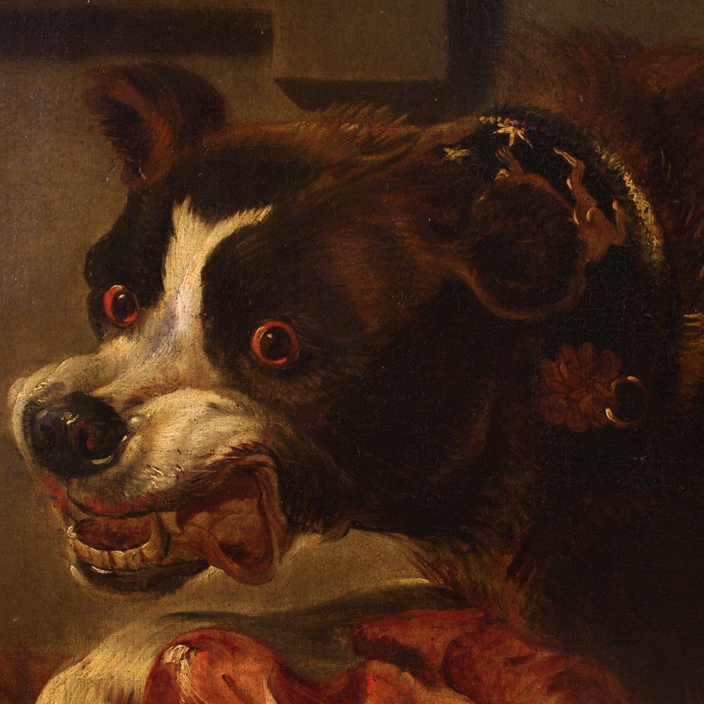Grande quadro del XVII secolo, natura morta con cani-photo-6