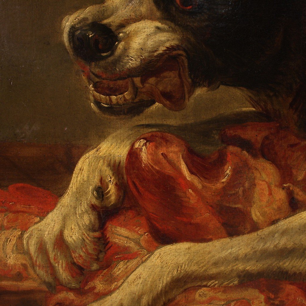 Grande quadro del XVII secolo, natura morta con cani-photo-8