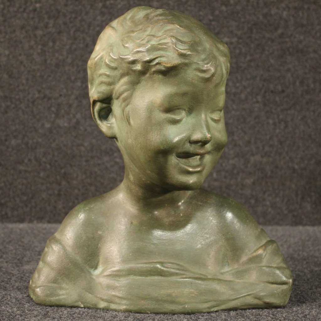 Scultura in terracotta dipinta tinta bronzo busto di bambino-photo-4