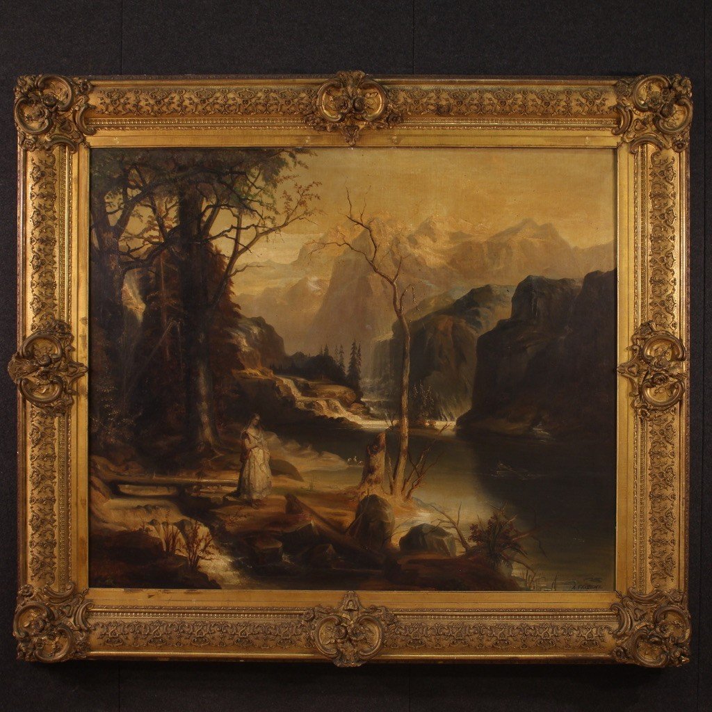 Grande dipinto olandese paesaggio romantico del XIX secolo-photo-2