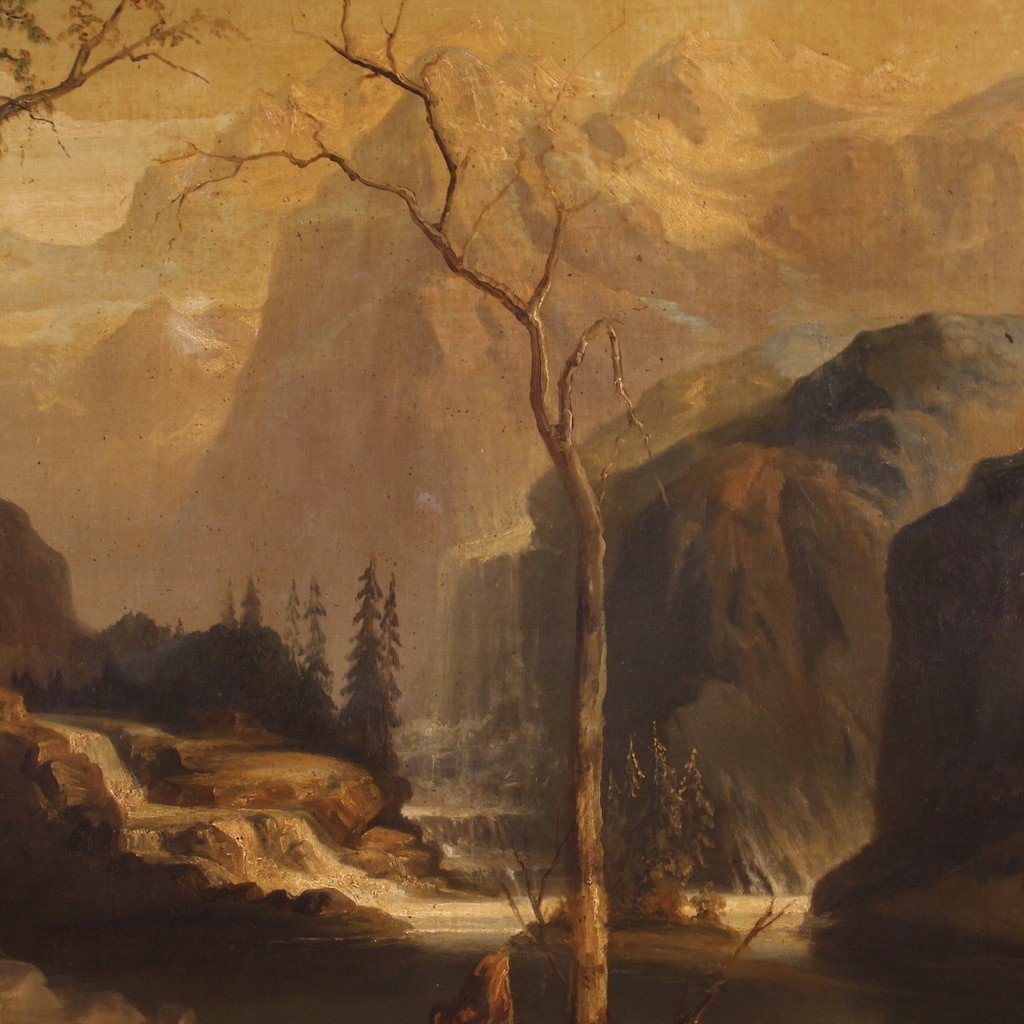 Grande dipinto olandese paesaggio romantico del XIX secolo-photo-3