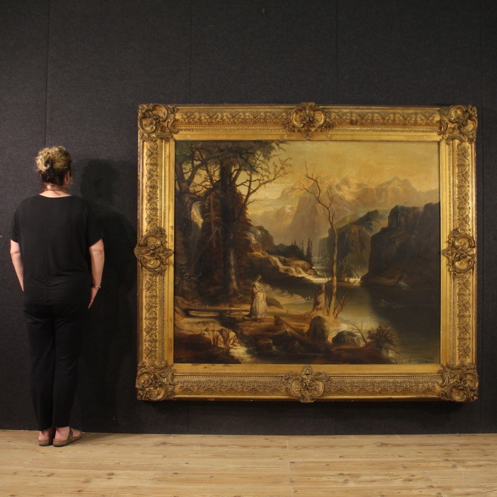 Grande dipinto olandese paesaggio romantico del XIX secolo-photo-4