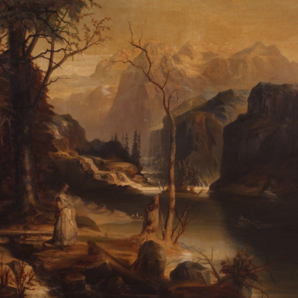 Grande dipinto olandese paesaggio romantico del XIX secolo-photo-5