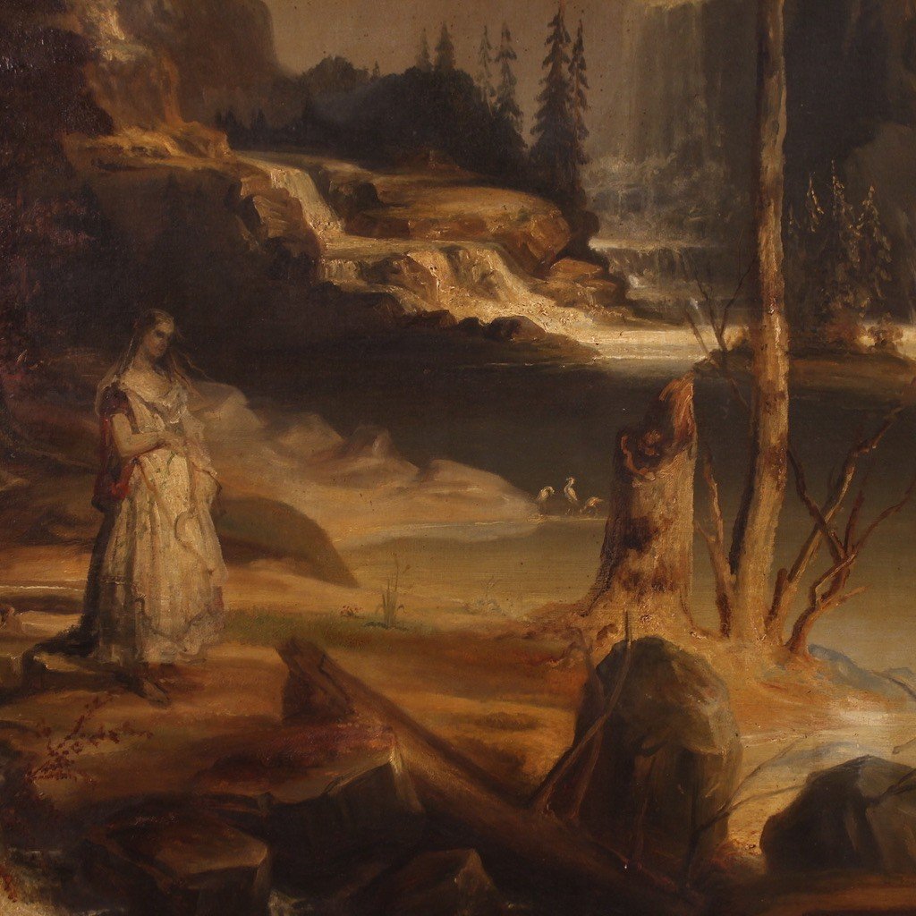 Grande dipinto olandese paesaggio romantico del XIX secolo-photo-6