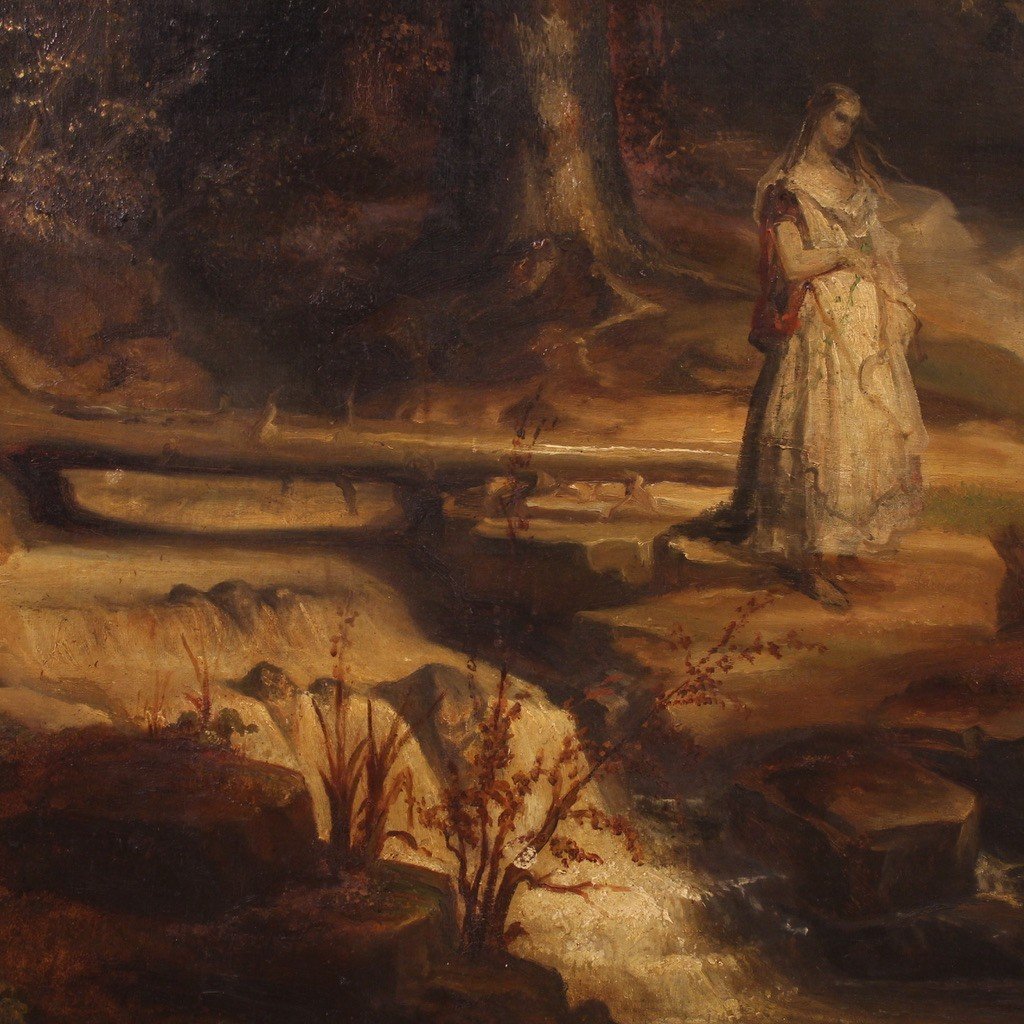 Grande dipinto olandese paesaggio romantico del XIX secolo-photo-8