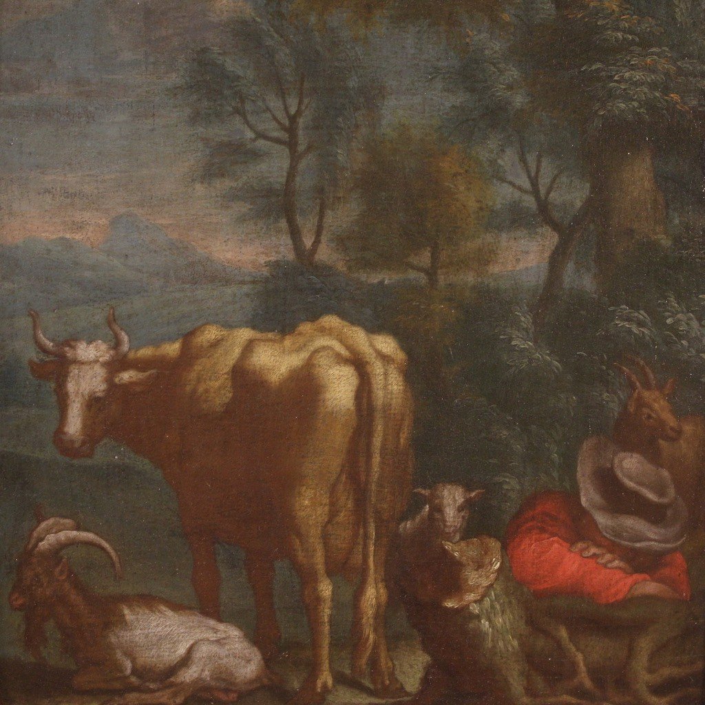Antico dipinto del XVIII secolo, paesaggio pastorale-photo-3