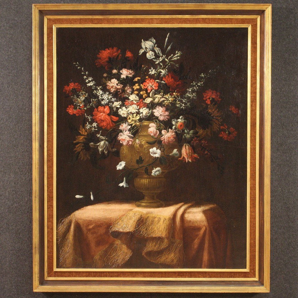 Grande dipinto italiano del XVIII secolo natura morta con vaso fiorito -photo-2