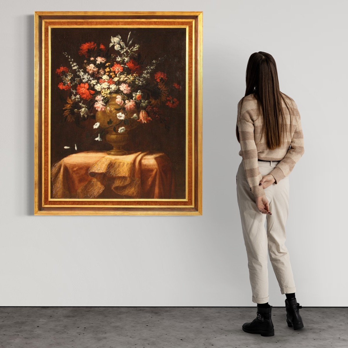 Grande dipinto italiano del XVIII secolo natura morta con vaso fiorito -photo-3