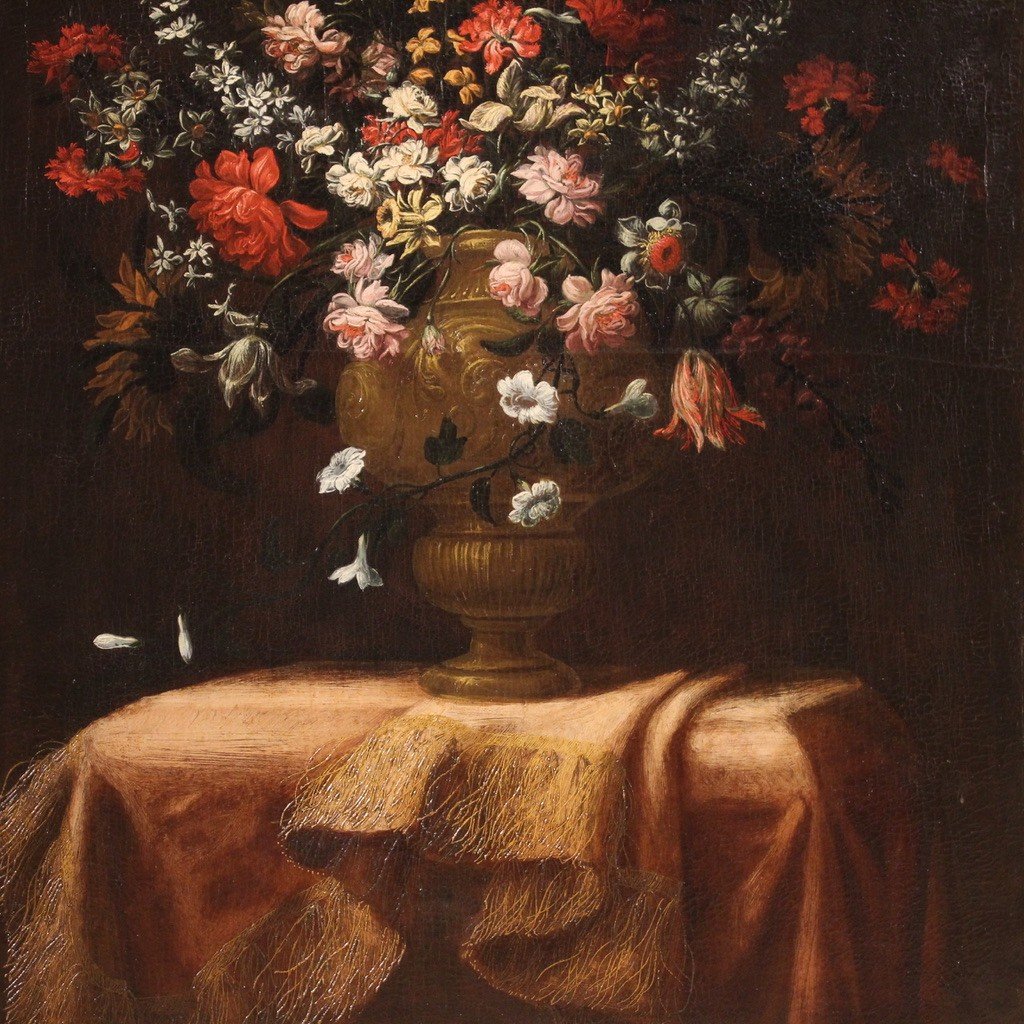 Grande dipinto italiano del XVIII secolo natura morta con vaso fiorito -photo-4