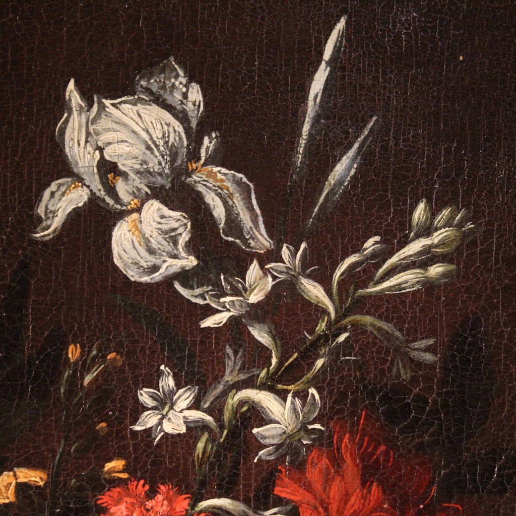 Grande dipinto italiano del XVIII secolo natura morta con vaso fiorito -photo-3