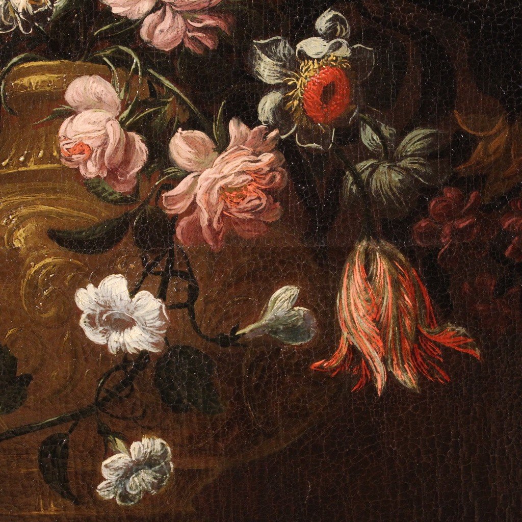 Grande dipinto italiano del XVIII secolo natura morta con vaso fiorito -photo-5