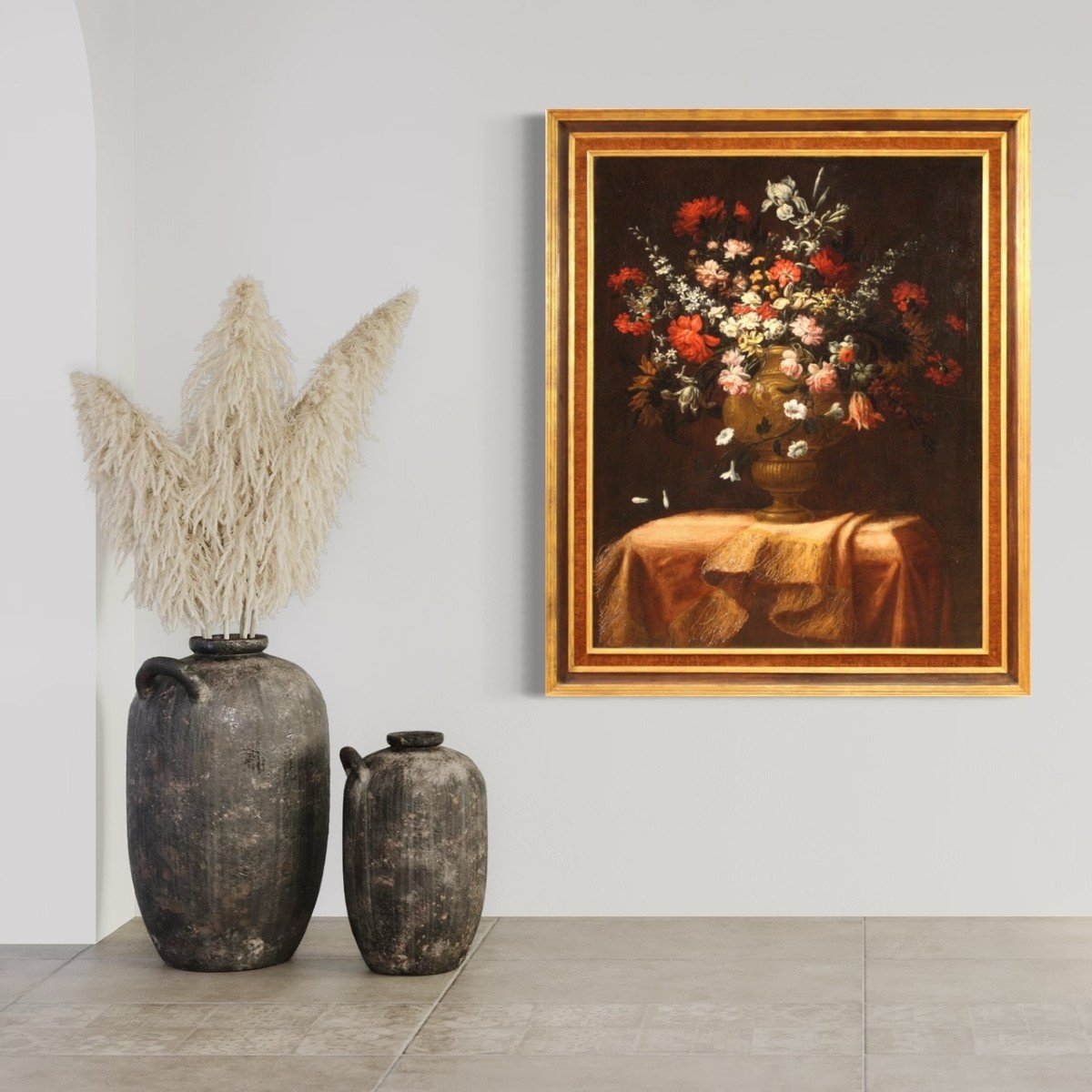 Grande dipinto italiano del XVIII secolo natura morta con vaso fiorito -photo-7