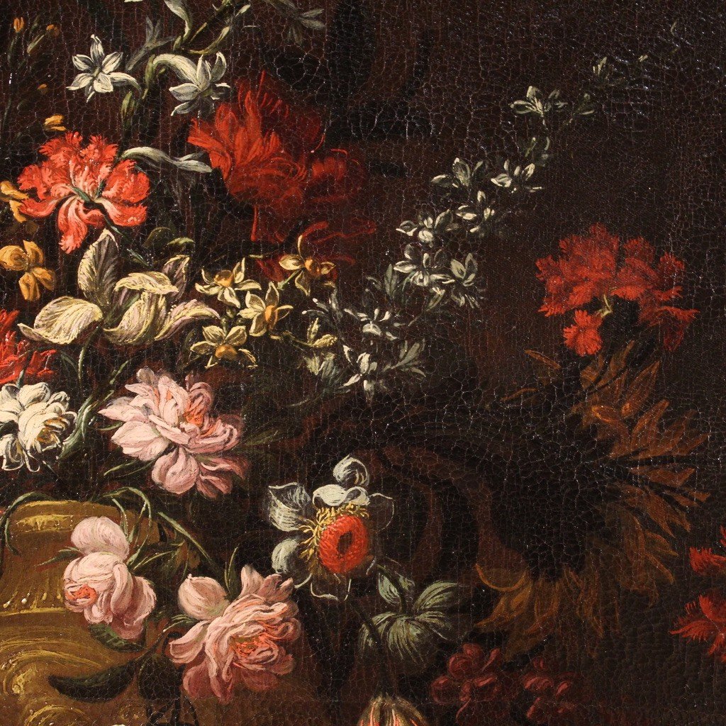 Grande dipinto italiano del XVIII secolo natura morta con vaso fiorito -photo-8