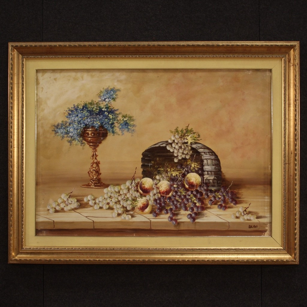 Dipinto firmato natura morta con fiori e frutta del XX secolo
