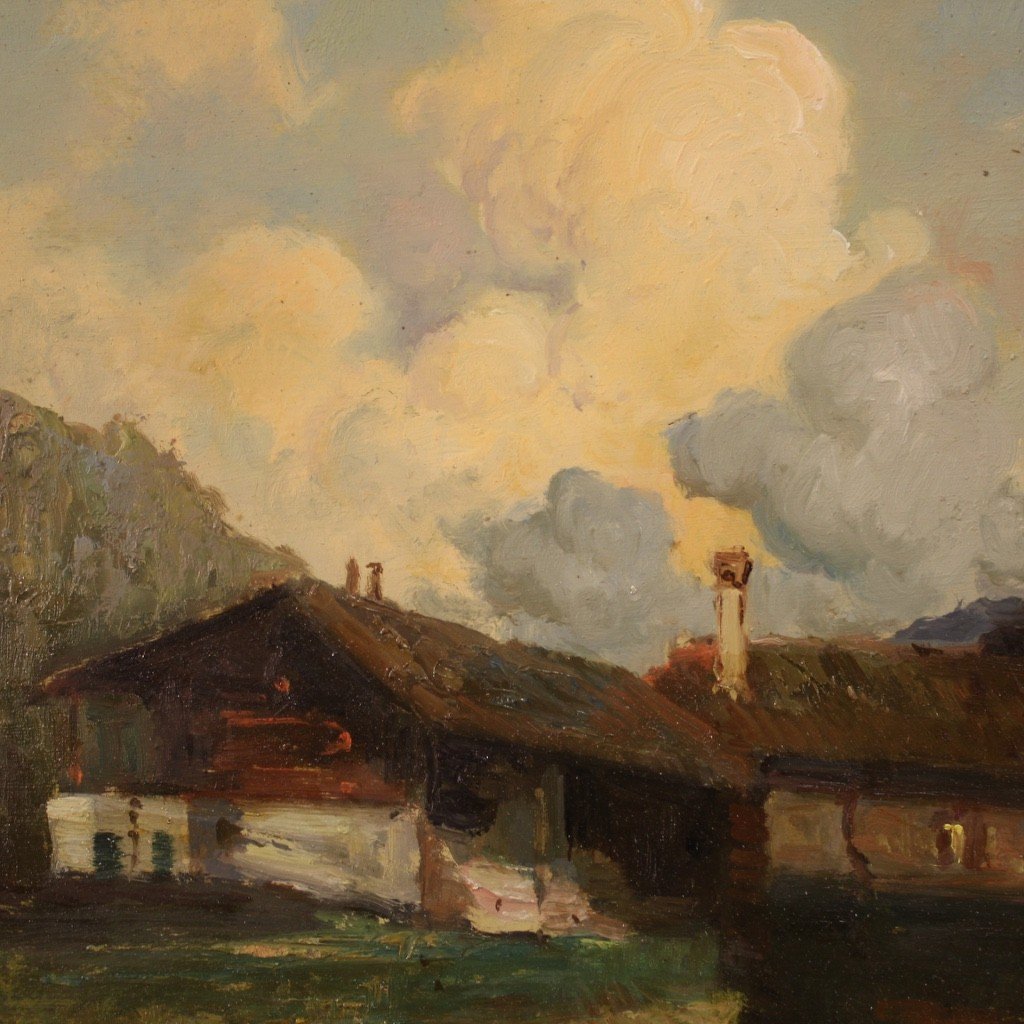 Dipinto olio su masonite paesaggio di montagna del XX secolo-photo-4